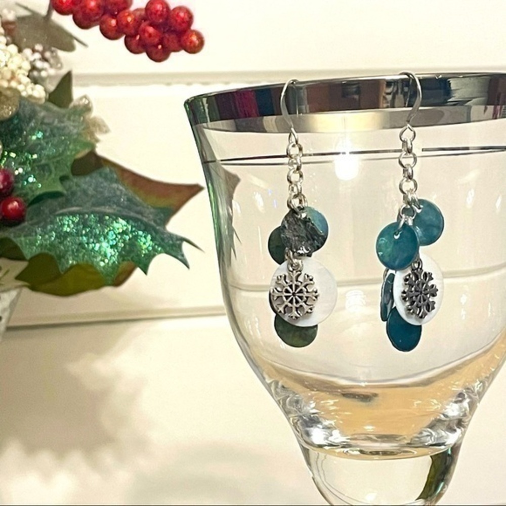 $15 SALE Winter Wonderland Snowflake Dangle Earrings Hand Crafted Outdoor
